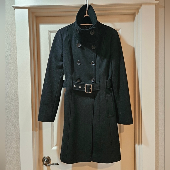 Guess Double Breast Wool Blend Coat Heavyweight Funnel Neck Belt Siz 6 Black EUC - Picture 13 of 15
